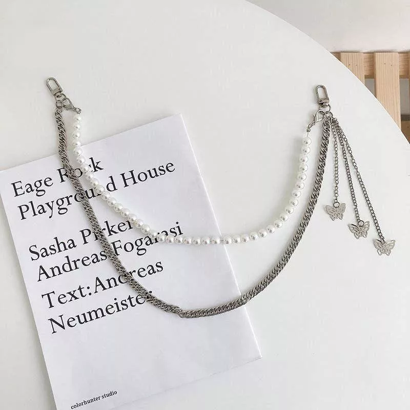 Butterfly Pearl Chain For Pant Hip Hop Punk Silver Metal Key Chain Belts On Jeans Resin PVC Heart Transparent Belt Keychain x273